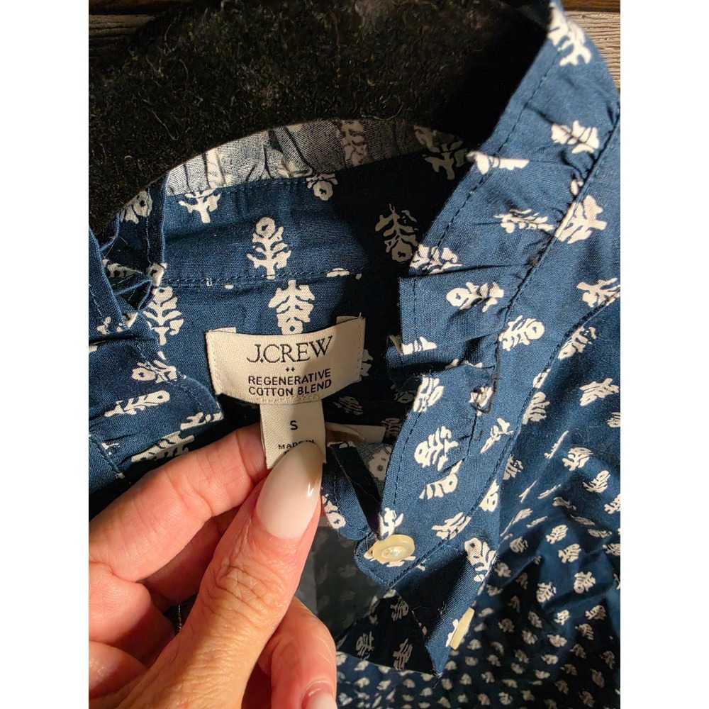 J.Crew Ruffle Collar Button Down Shirt Navy White Block Print CP941 Womens S NEW - Picture 2 of 7